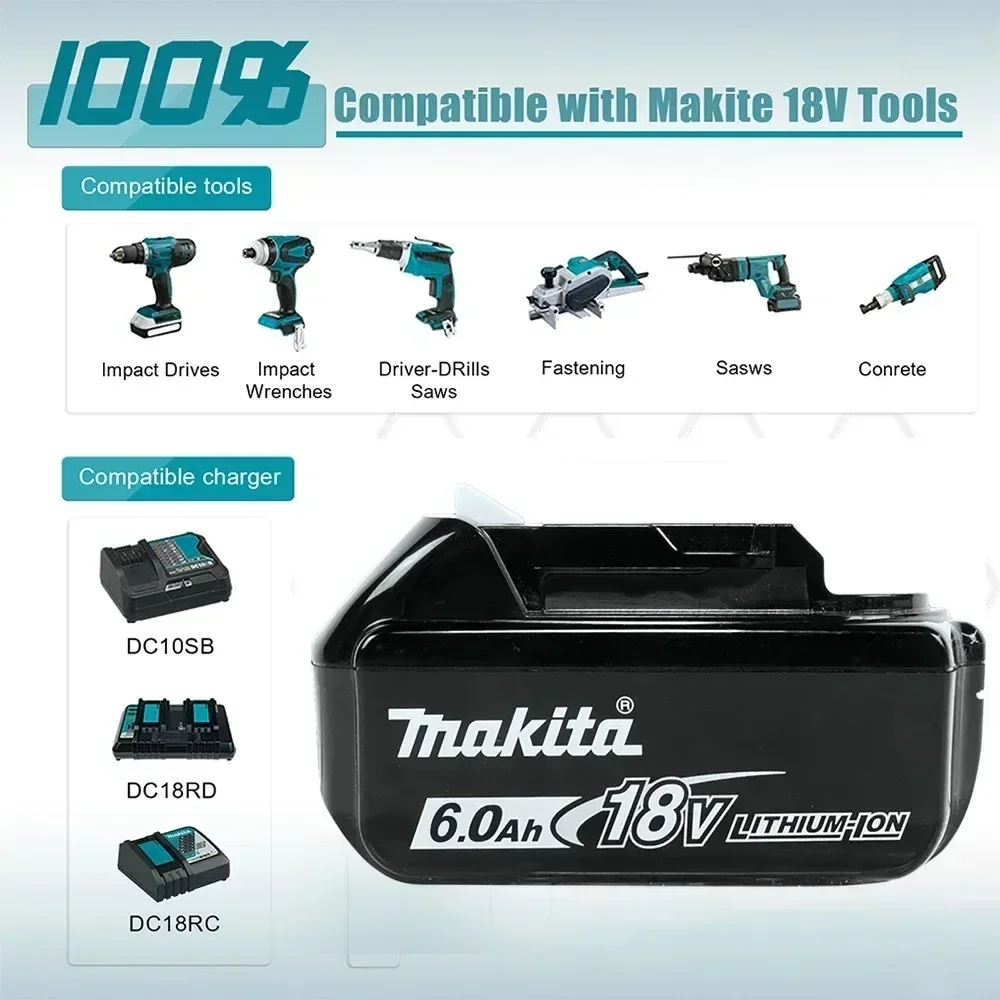 100% Original Makita 6Ah/5Ah/3Ah for Makita 18V Battery BL1830B BL1850B BL1850 BL1840 BL1860 BL1815 Replacement Lithium Battery rechargeable battery