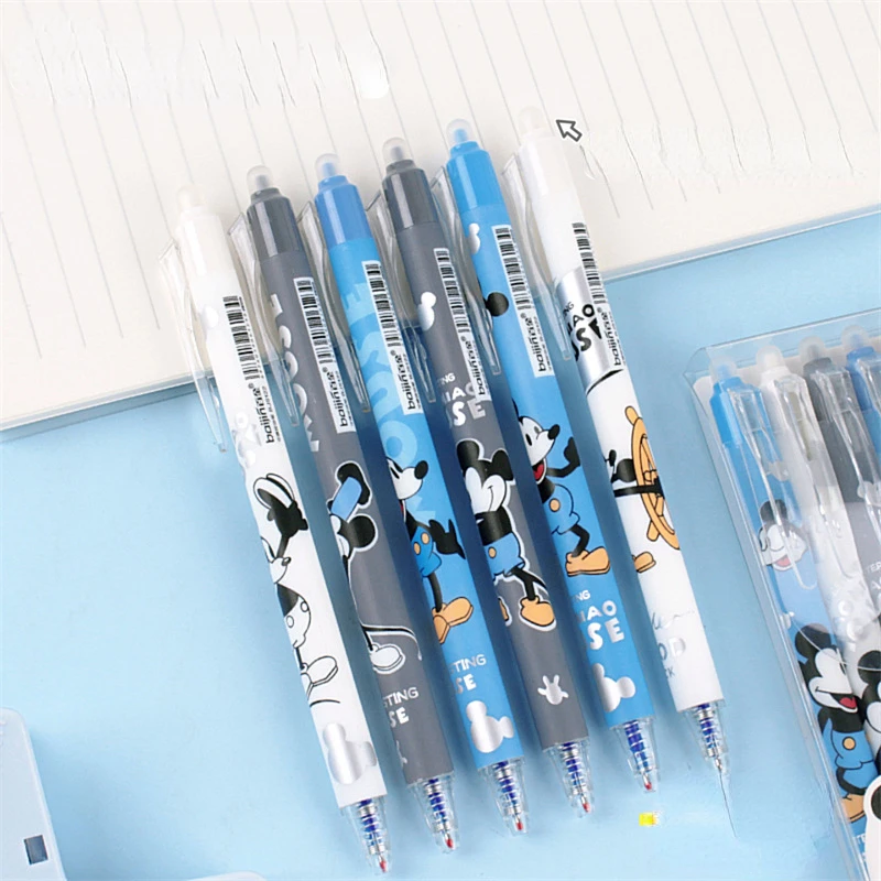 6pcs 디즈니 미키 지울 수있는 젤 펜 애니메이션 0.5mm 검정 잉크 볼펜 학생 프레스 펜 학교 문구 사무용품