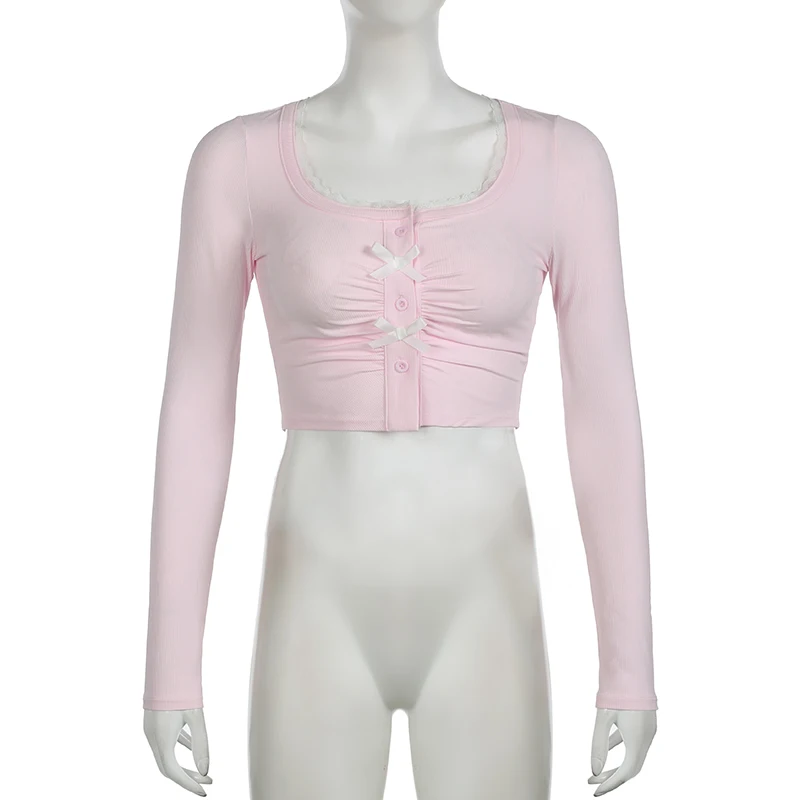 Sweet Y2K Bow Detail Button Up Cropped Top Autumn Knitted Long Sleeve Cute Tshirt Chic Aesthetic Street Tee Outfits