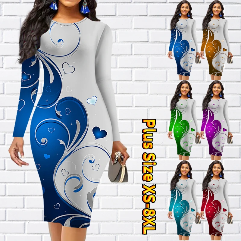 

Women's Crew-neck Sexy Sheath Skirt Fall Winter Vintage Long Sleeve Skirt Fashion Knee-length Skirt New Design Printed Dress