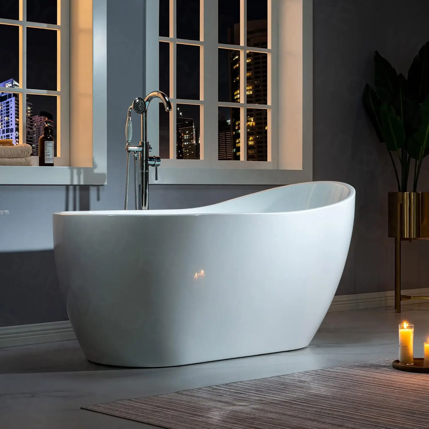 59" Acrylic Freestanding Bathtub Contemporary Soaking White Tub with Chrome Overflow and Drain White Non Slip Design