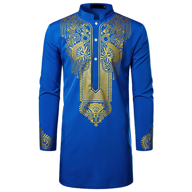Dubai Luxury Casual Islamic Arabic Abaya Robe Fashion Ethnic Print Stand Collar Youth Mid-length Shirt Coat Muslim Men Clothing