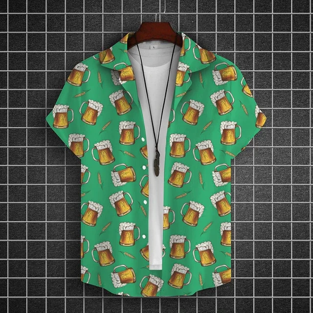 Hawaiian Shirt For Men 3d Beer Printed Short Sleeve Shirts Party Tees Summer Casual Tops Loose Oversized Clothing
