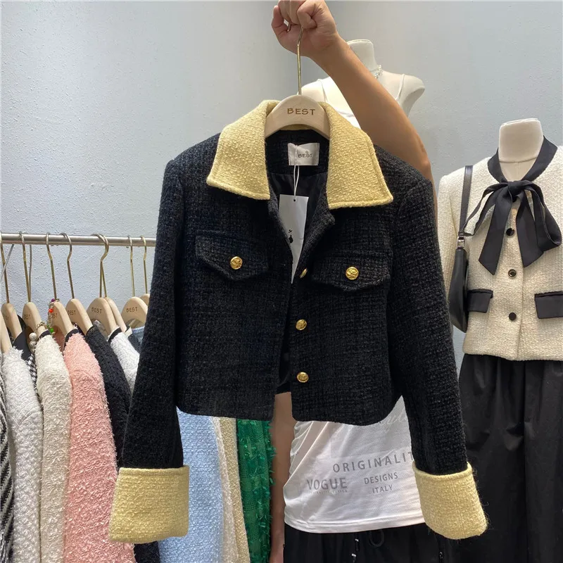 Short Tweed Jacket For Women 2023 Autumn Autumn Long Sleeve Outwear Ladies Temperament  Turn Down Collar Korean Cropped Coat