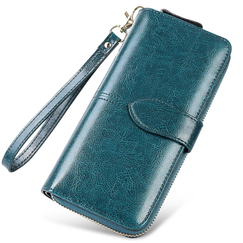 Vintage Oil Wax Cowhide Long Women's Wallet Genuine Leather Zippered Wallet Mobile Phone Bag
