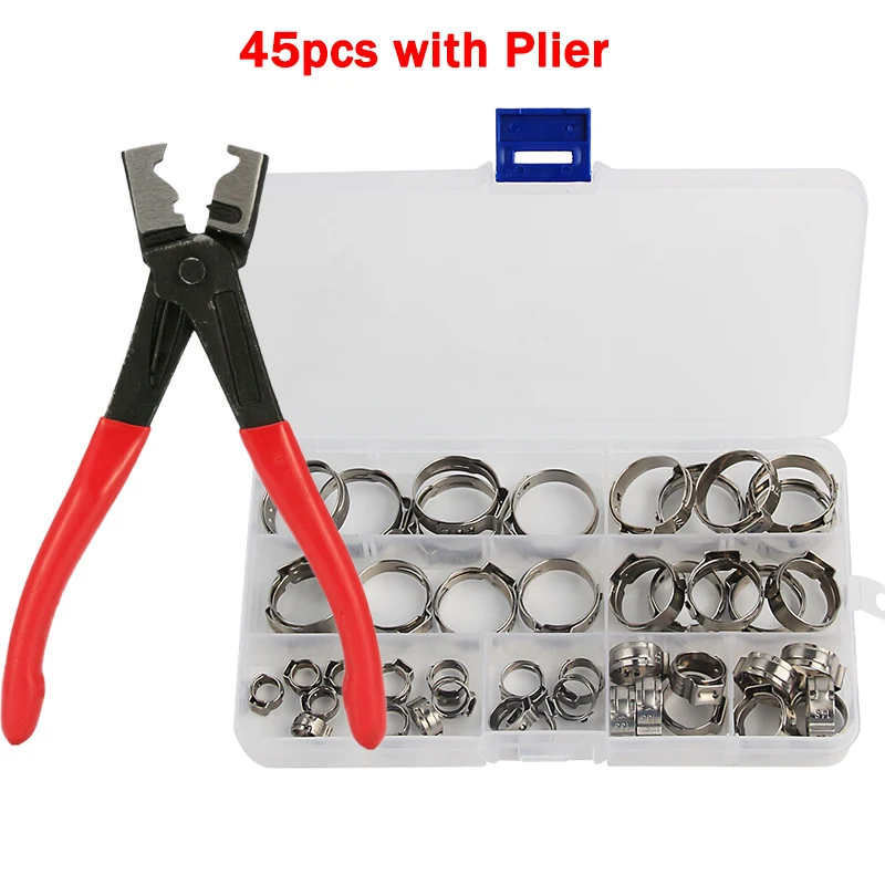 

45/80/100pcs Single Ear Stepless Pipe Clamps with Pliers Set Stainless Steel Hose Clamp Ring for Worm Drive Fuel Water Hose Pipe