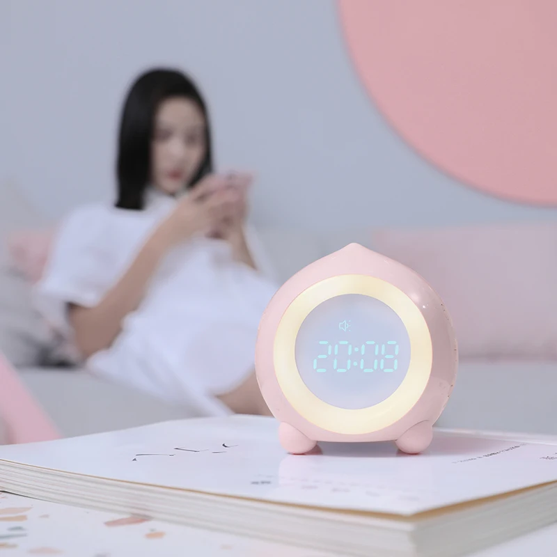 

Hot selling smart peach alarm clock lamp USB rechargeable Kawaii kid's LED electronic desk clock