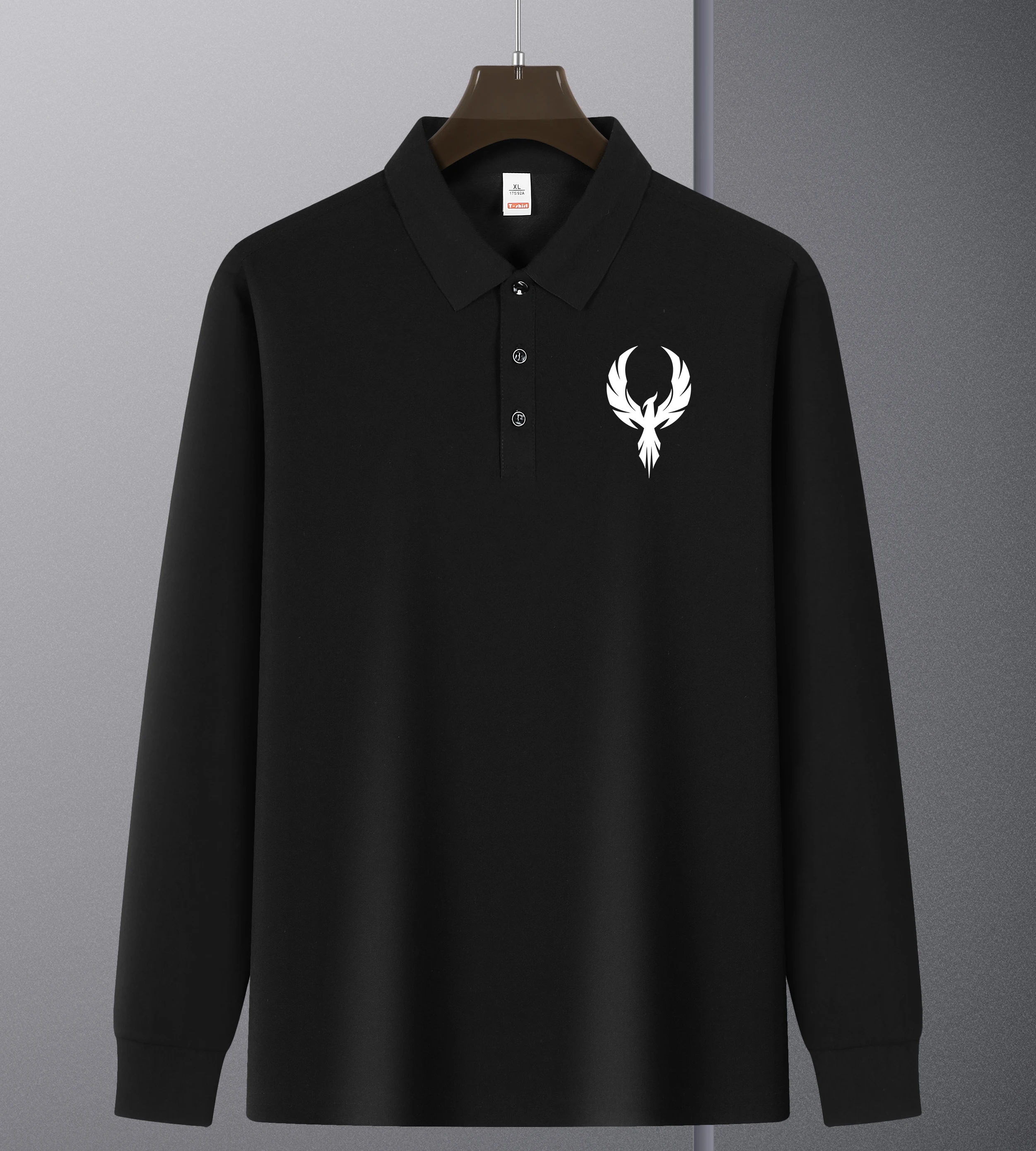 The Phoenix Flying Print Revers Polo Shirt Men Casual Soft Shirts Basics Gent Long Sleeve Comfortable Autumn Business Casual Tee