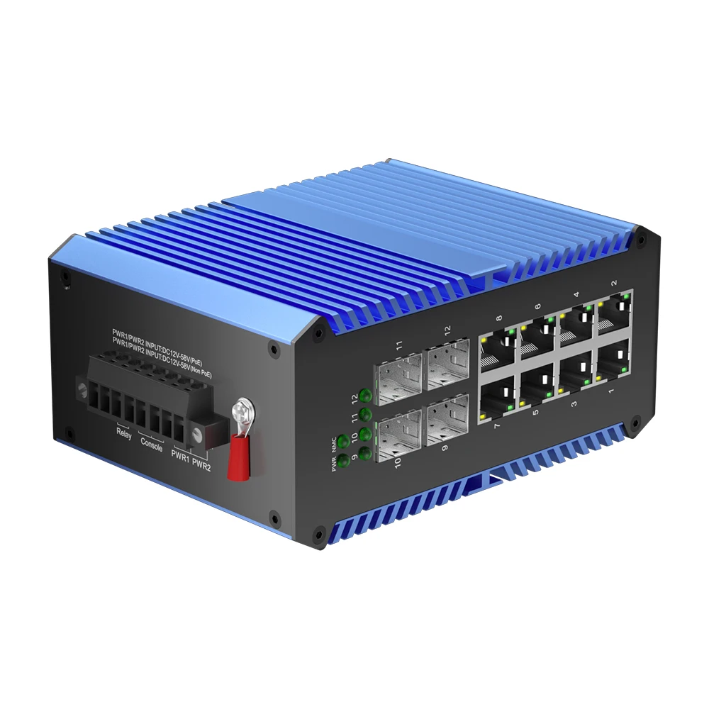 Bullscom 산업용 8포트 기가비트 PoE+ 스위치 | 240W 예산 | 4개의 SFP | 관리됨 | DIN 레일 | IP50을 한국어로 번역하세요. | -40 ° C에서 75까지 °