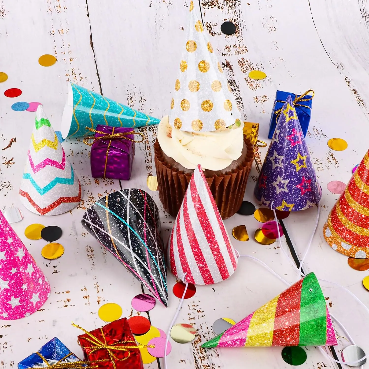 10 Pcs Glitter Mini Birthday Party Hats Multicolor Paper Cone Hats for Kids Girls Pets Stuffed Animals Birthday Holiday