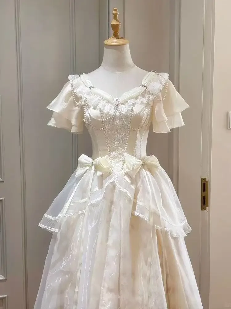 Robe longue Style forêt pour femmes, Design avec nœud Vintage, coupe cintrée, ligne a, vêtements de bal de princesse féerique française élégante, 2025