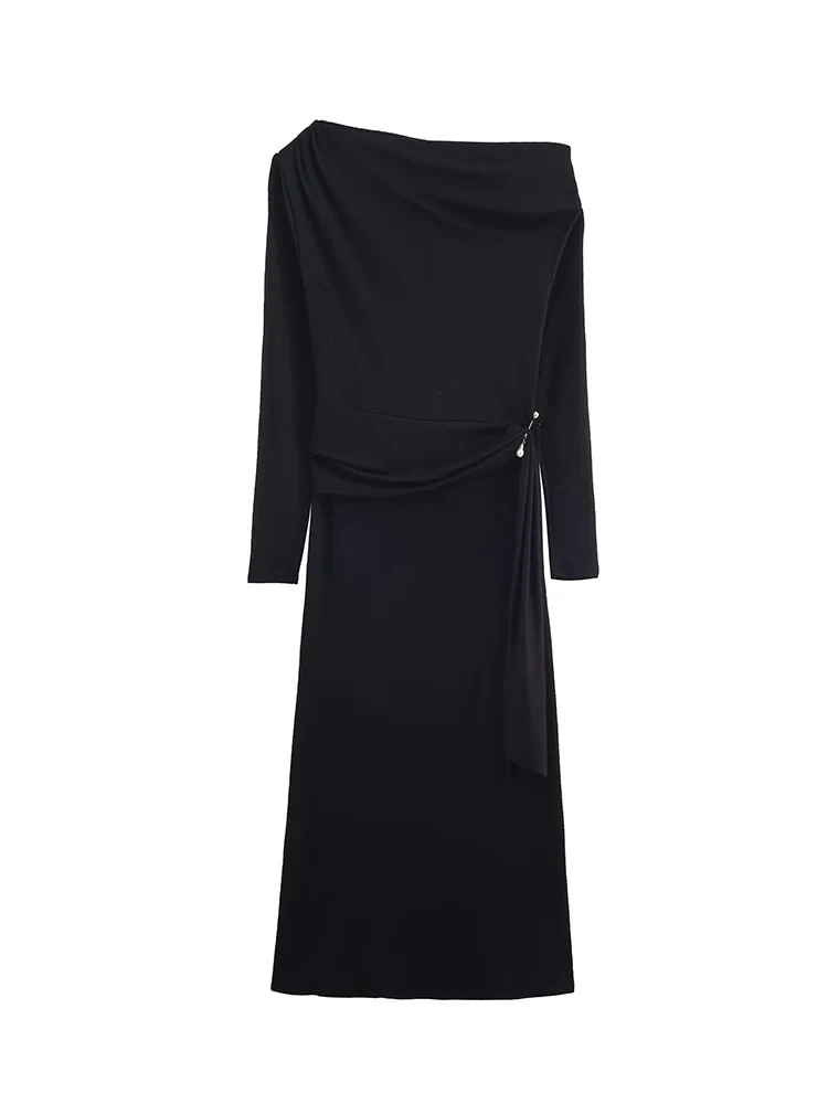 Women Long Sleeve Dresses Fashion Solid Elegant Slash Neck Slimming Midi Dress Spring New Folds Design Female Long Dress