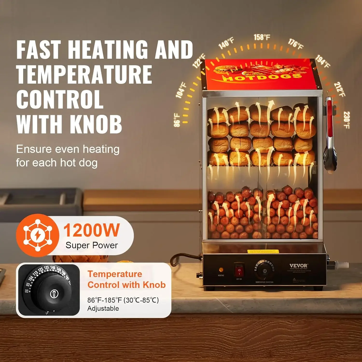 Hot Dog Steamer, 39QT, 2-Tier Hot Dog Hut Steamer, 86℉~185℉ Temperature Control, Electric Bun Warmer with Tempered Glass Slide D 3