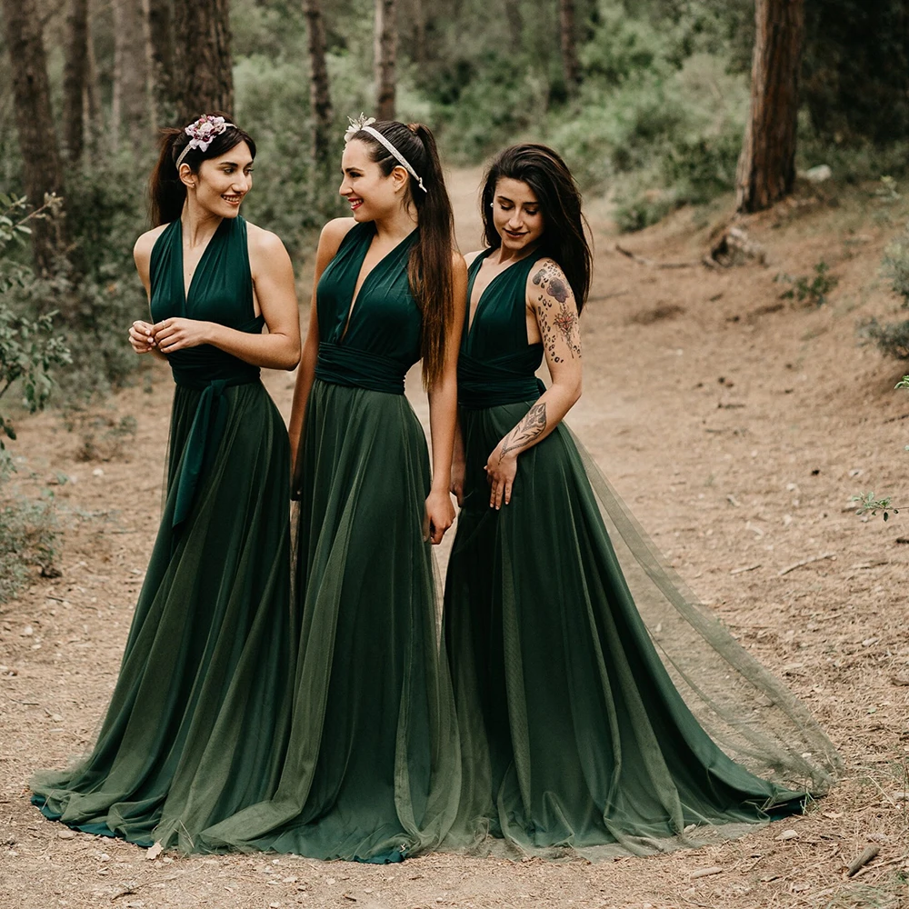 Sexy Deep V Neck Convertible Wedding Bridesmaid Dress Custom Made A Line Backless Real Photos Tulle Maid of Honor Evening Gowns