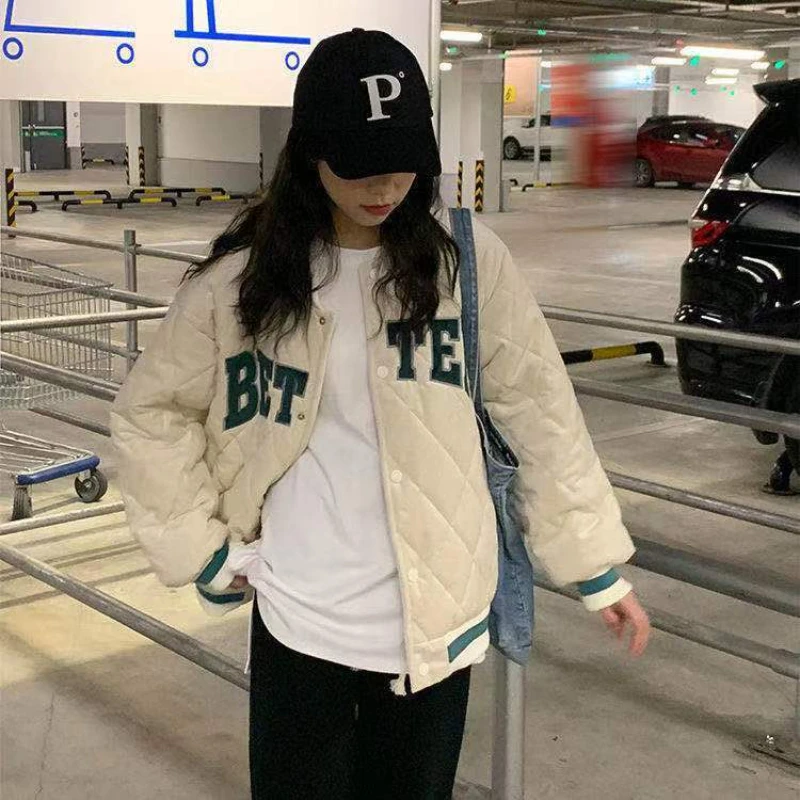 BEENLE Winter Jackets for Woman Korean Fashion Loose Letter Print Down Coats Vintage Baseball Uniform Cotton Quilted Cardigan