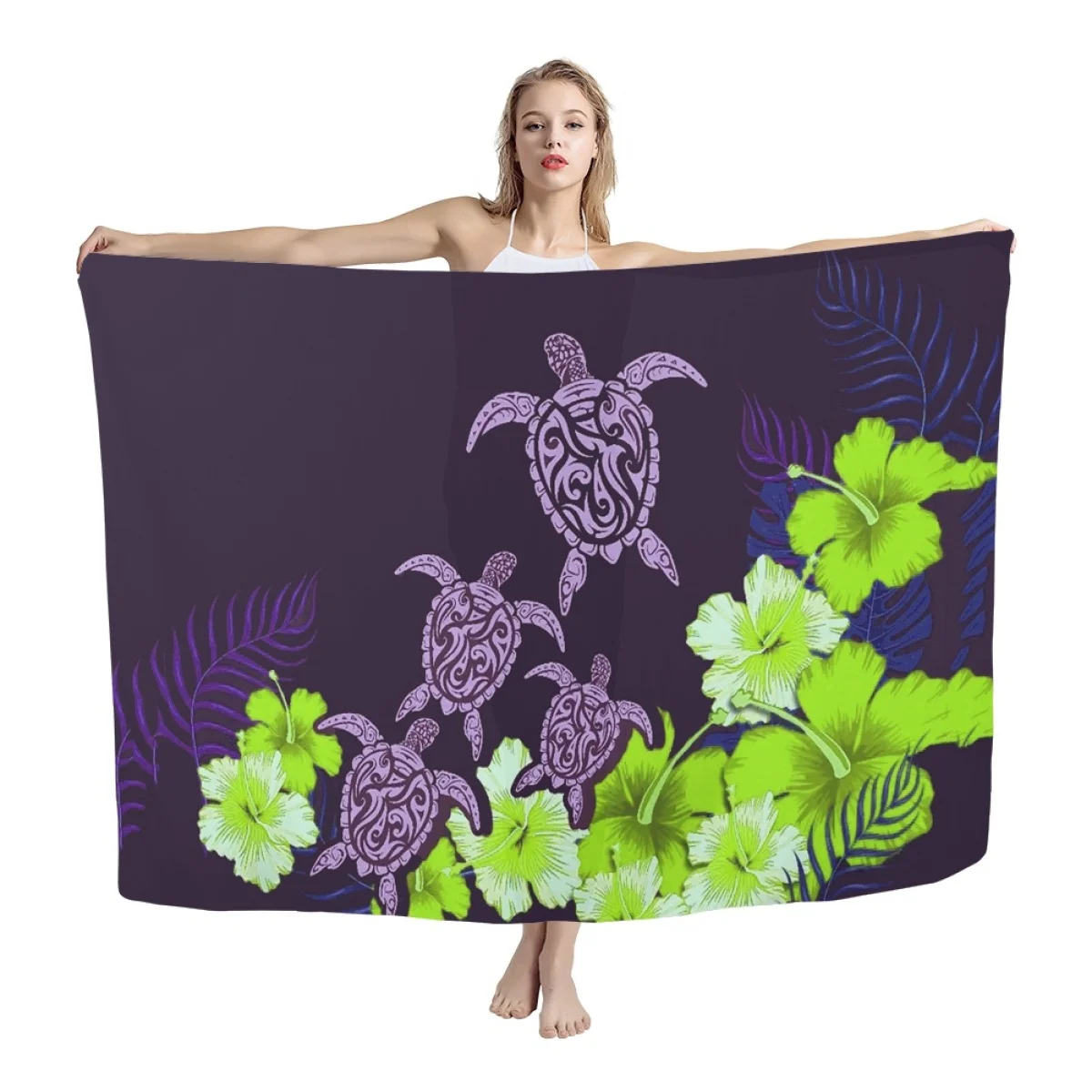 

HYCOOL Polynesian Tribal Hibiscus Turtle Print Sarong Lavalava Soft Scarf Trendy Home Bath Towel Cover Ups Pareo Beach Woman