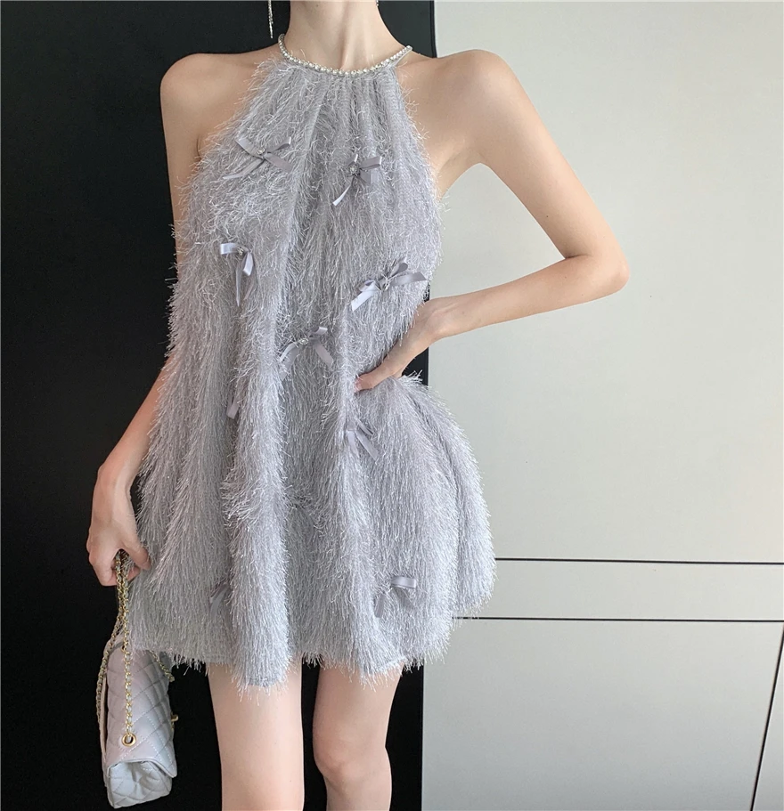 

Elegant Beaded Pearl Tassel Dress With Bow Women Temperament Sleeveless Halter Off Shoulder A-line Mini Dresses Loose Fitting