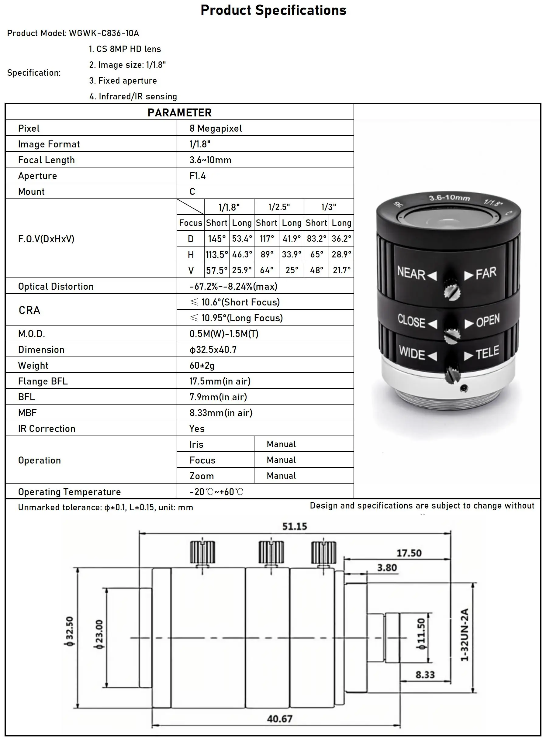 8MP 3.6-10mm C/CS Mount Lens 1/1.8" Format F1.4 Aperture Varifocal CS Industrial