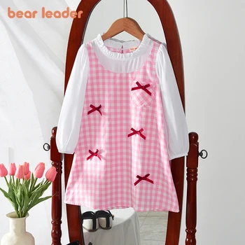 Bear Leader Sweet and Lovely Pink Checkered Girls Casual Dresses Autumn New Long Sleeved Patchwork Bow Decoration Kids Dress