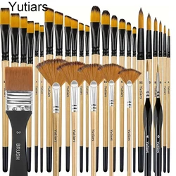 32-Piece Premium Nylon Paint Brush Set for Versatile Artistic Expression (Wood color)