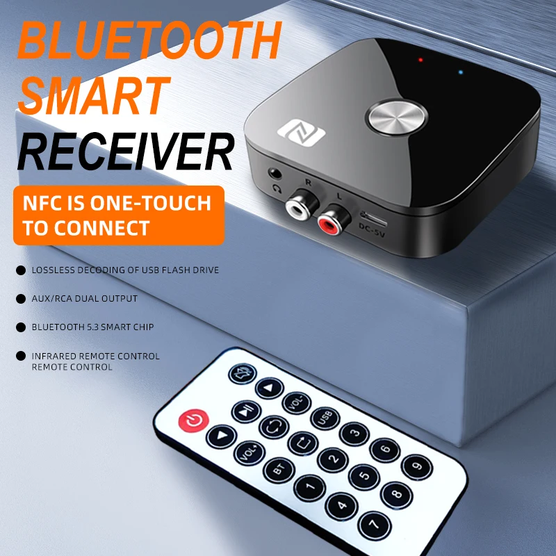 Bluetooth5.3 Wireless Adapter USB/RCA/3.5mmAUX Audio Receiver NFC Connection With Remote Control for Car Kit Speakers Headset