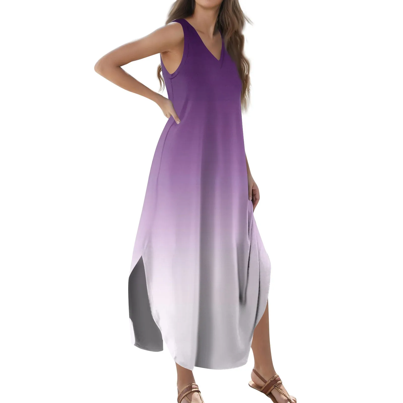 

Women'S 2024 Summer Casual Loose Sundress Long Dress Print Sleeveless V Neck Split Tshirt Maxi Dresses Elegant Dresses For Wome