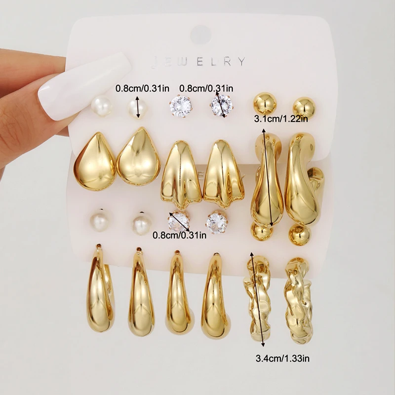 Vintage Classic Gold Plated C Shape Earring Set for Women Geometry Glossy Zircon Pearl Waterdrop Earring Fashion Jewelry Gifts