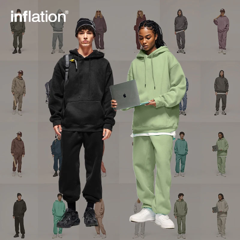 INFLATION 350gsm Thick Vlevet Tracksuit Unisex 2023 Trendy Solid Color Jogging Suit Mens Blank Matching Fleece Sweatpant Set