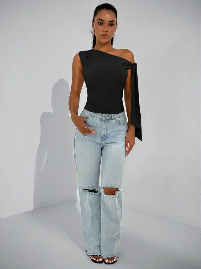 Damen 2026 Neues Asymmetrisches Neck-Tie-Top – Ärmellose Slim-Fit-Bluse mit Drapierter Bindung, Einfarbiges Streetwear-Oberteil – Detail 19