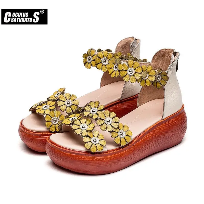 

Summer Women Genuine Leather Sandals Flower Stitching Sandals Ladies Open Toe Casual Shoes Platform Wedge Sandals Beach Shoes
