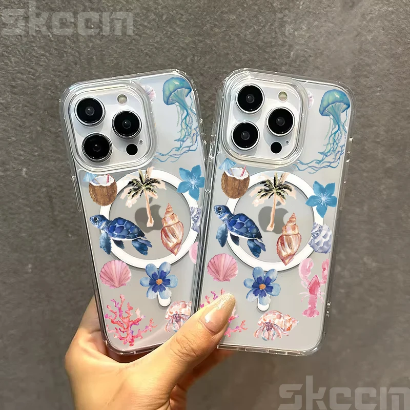 Ocean Life Theme Clear Phone Case with Magnetic Wireless Charging Cover