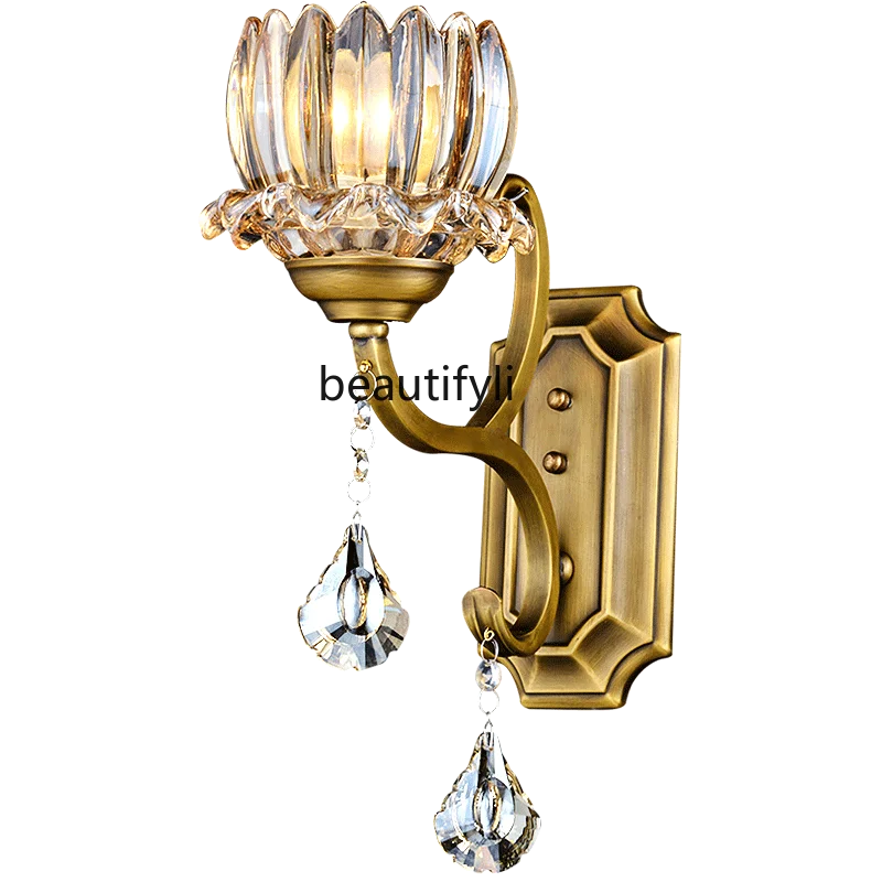 

yj European-Style Copper Crystal Wall Lamp American Pure Copper Restaurant Crystal Copper Lamp Bedroom Bedside Lamp