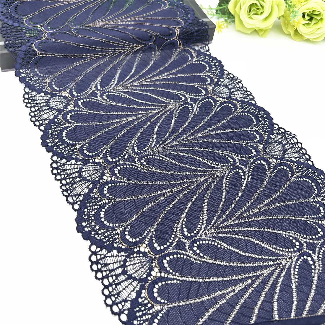 3y/lot Width 23cm Dark Blue Gold Shimmer Elastic Stretch Lace Trim 4