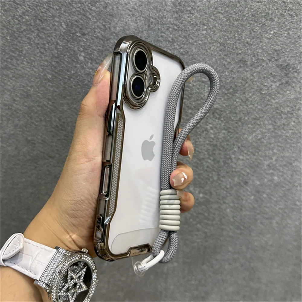 Elegant Plated Clear Wrist Strap Lanyard Phone Case with Cooling Protective Cover