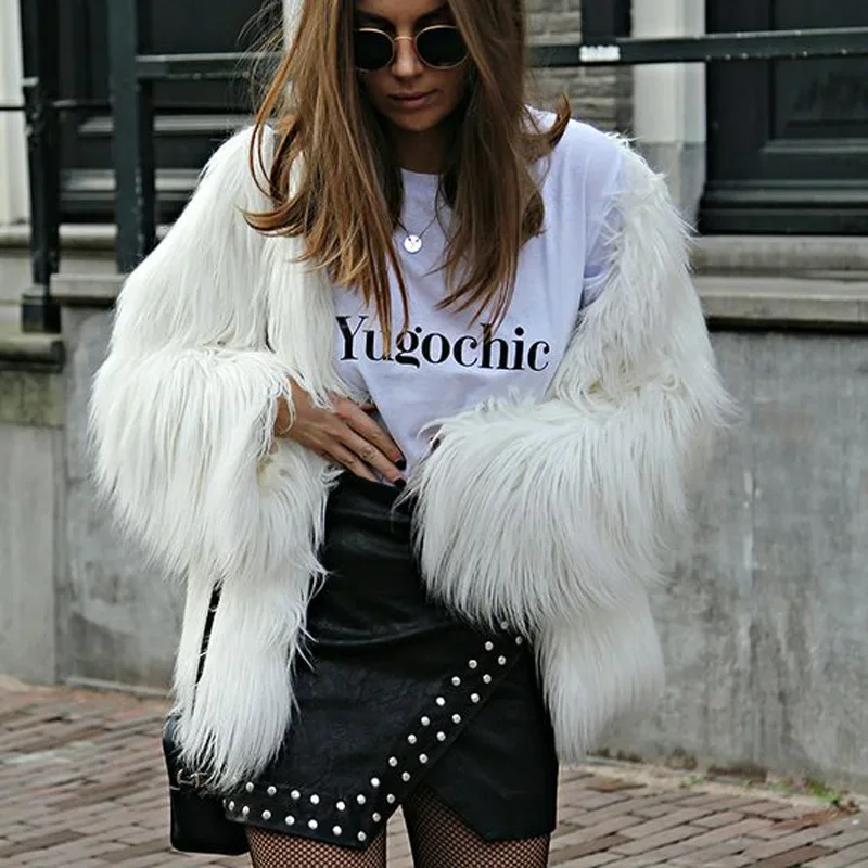 Furry Collarless Long-sleeved Coat, Fashion Furry Faux Fur Coat, Women's Fluffy Warm Long-sleeved Women's Autumn and Winter Coat
