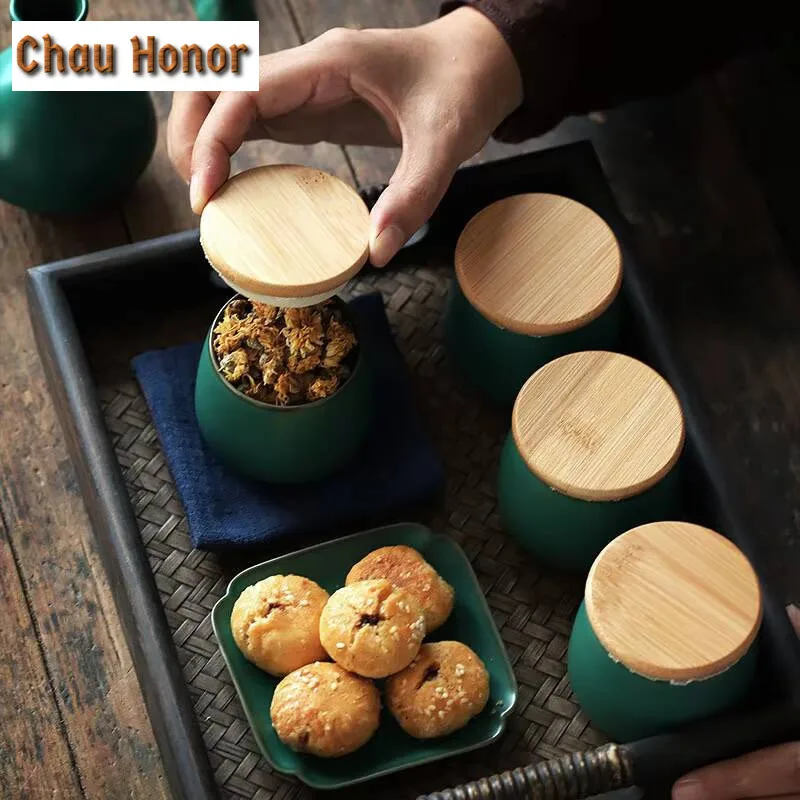 Japanese Style Turquoise Coarse Ceramic Tea Canister Sealed Tea Cans Portable Mini Tea Storage Cans Accessories Tea Set Supplies