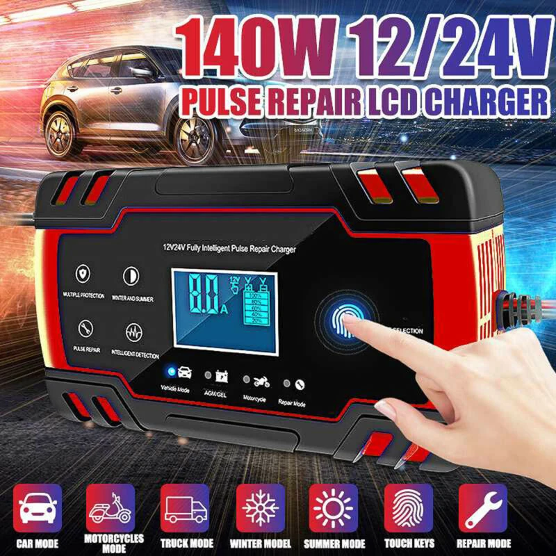 

8A Digital LCD Display Motorcycle car charger 12V-24V battery Battery Chargers Power Pulse Battery Clips Starting Device