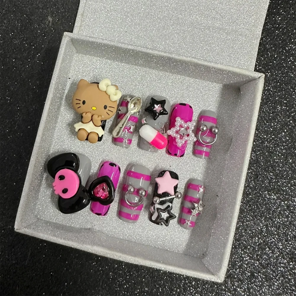 Kawaii 3D Wearable Press on Nails Hello Kitty French Long Short Coffin Square Almonds Customizable Reusable Full Cover Nail Tips 5