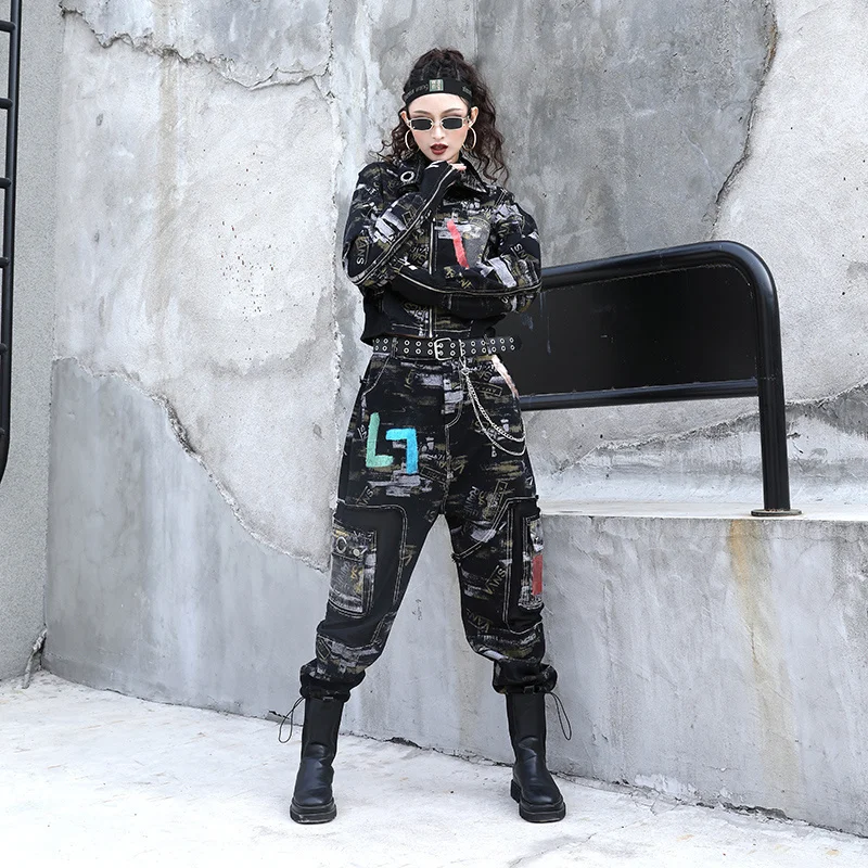 

Fashion Short Camouflage Cowboy Jacket 2024 Spring Autumn Street Splicing Zipper Harem Pants Suit Woman LX641S