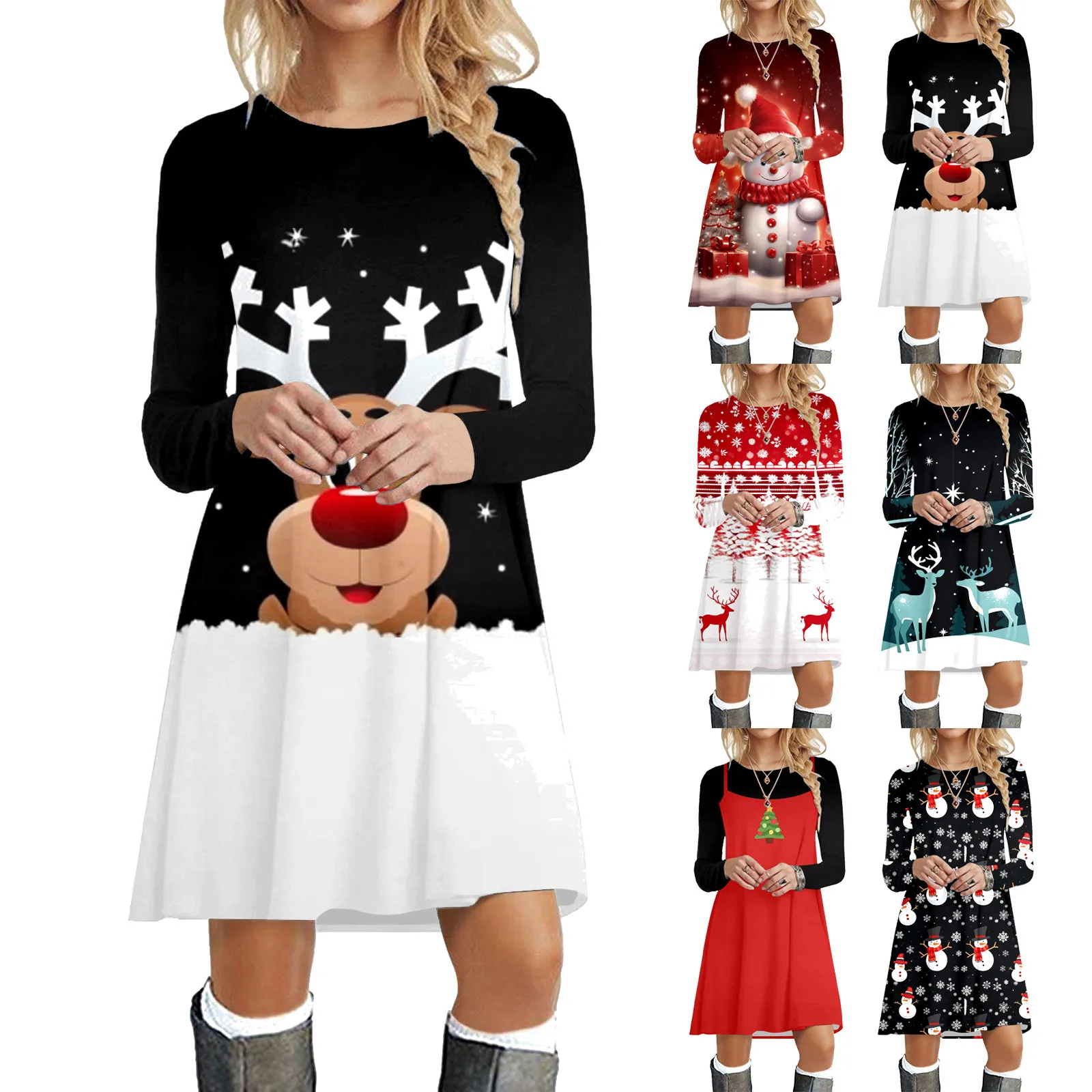 

Cute Christmas Elk Print Dresses For Women Autumn Fashion Long Sleeve Loose A-Line Dress Casual Party Dress 2023 Winter Clothing