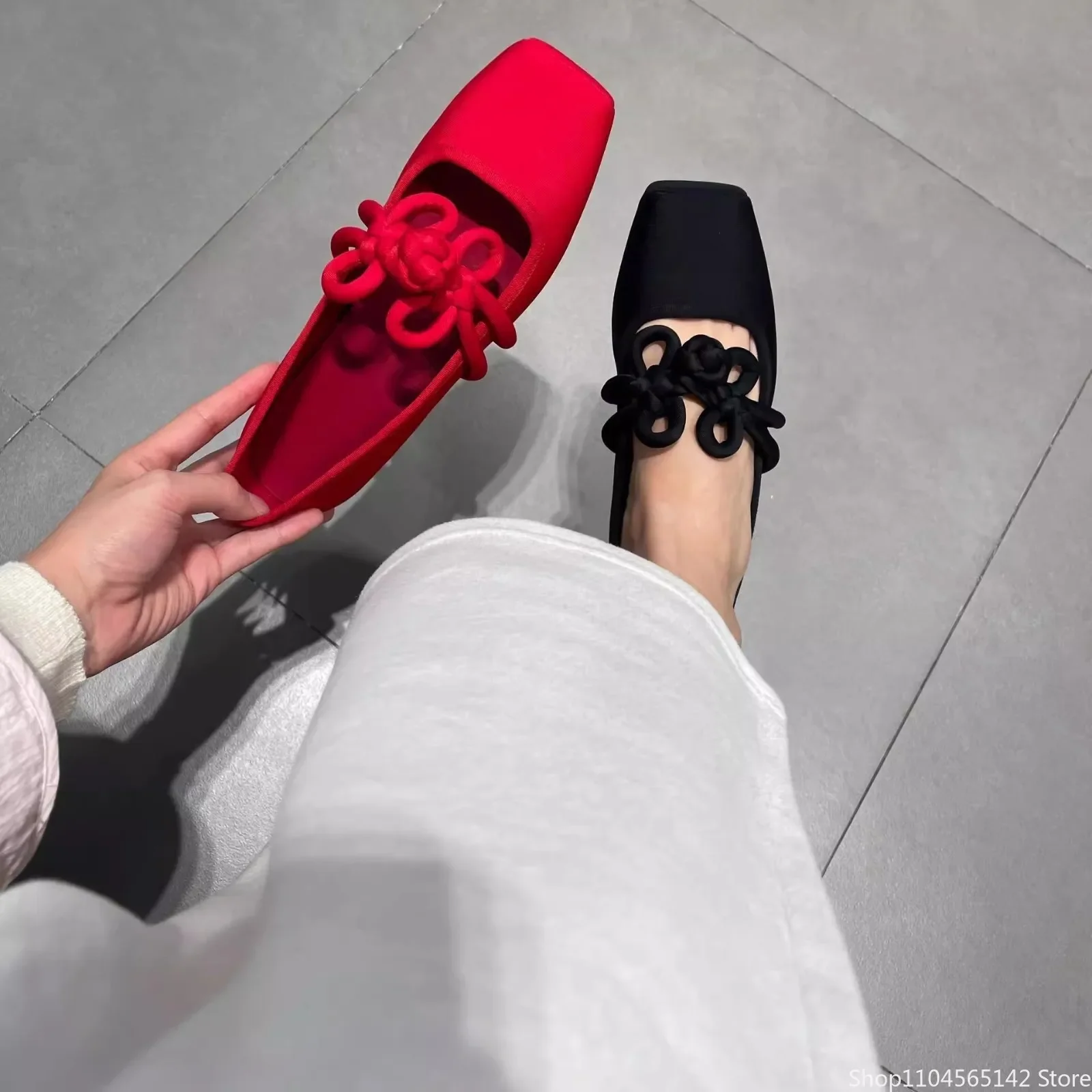 Ethnic Style Women Red Satin Mary Jane Shoes Fashion Shallow Square Toe Shoes Spring Autumn Soft Sole Ballet Shoes 2