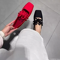 Ethnic Style Women Red Satin Mary Jane Shoes Fashion Shallow Square Toe Shoes Spring Autumn Soft Sole Ballet Shoes 2