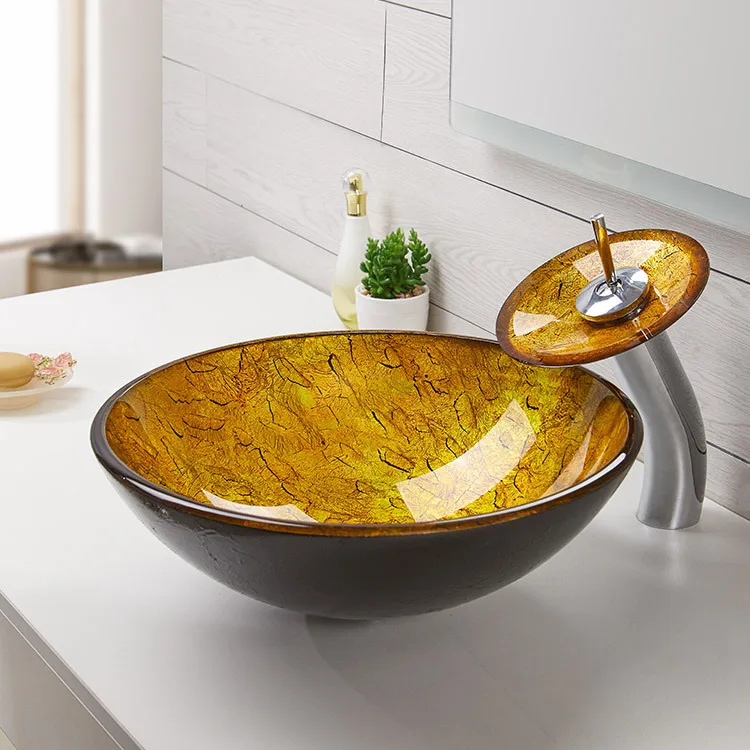 

Tempered Glass Sink Countertop Bathroom Washbasin Sanitary Ware Modern Art Basin Cracked Golden Round Toilet Bowl Basin With Tap