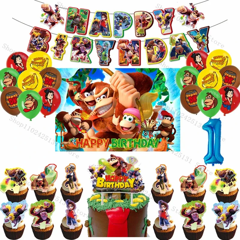 Donkey Kong Happy Birthday Party Tableware Decor King Balloon Banner Cupcake
