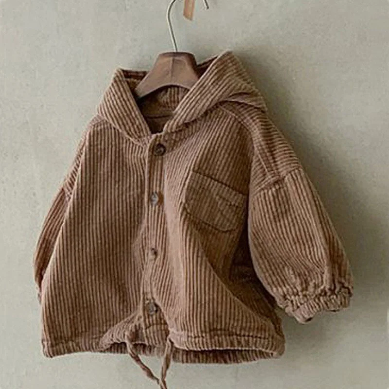 New Spring Kids Coat Boys Girls Loose Denim Hooded Single Breasted Corduroy Jacket Kids Casual Outwear E3800