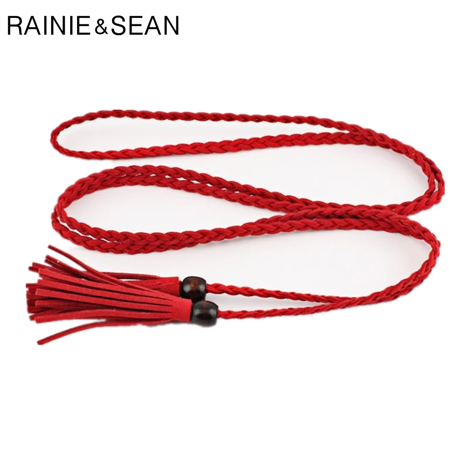 RAINIE SEAN Thin Braided Leather Belt Women Red Tassel Ladies Belts For Dresses Long 155cm Fashion Lace-up Female Belt