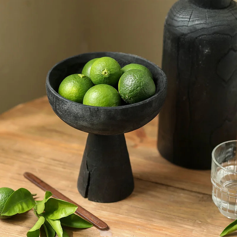 

Black high footed small fruit tray, dry fruit tray decoration, solid wood snack tray, retro made old wooden candy tray