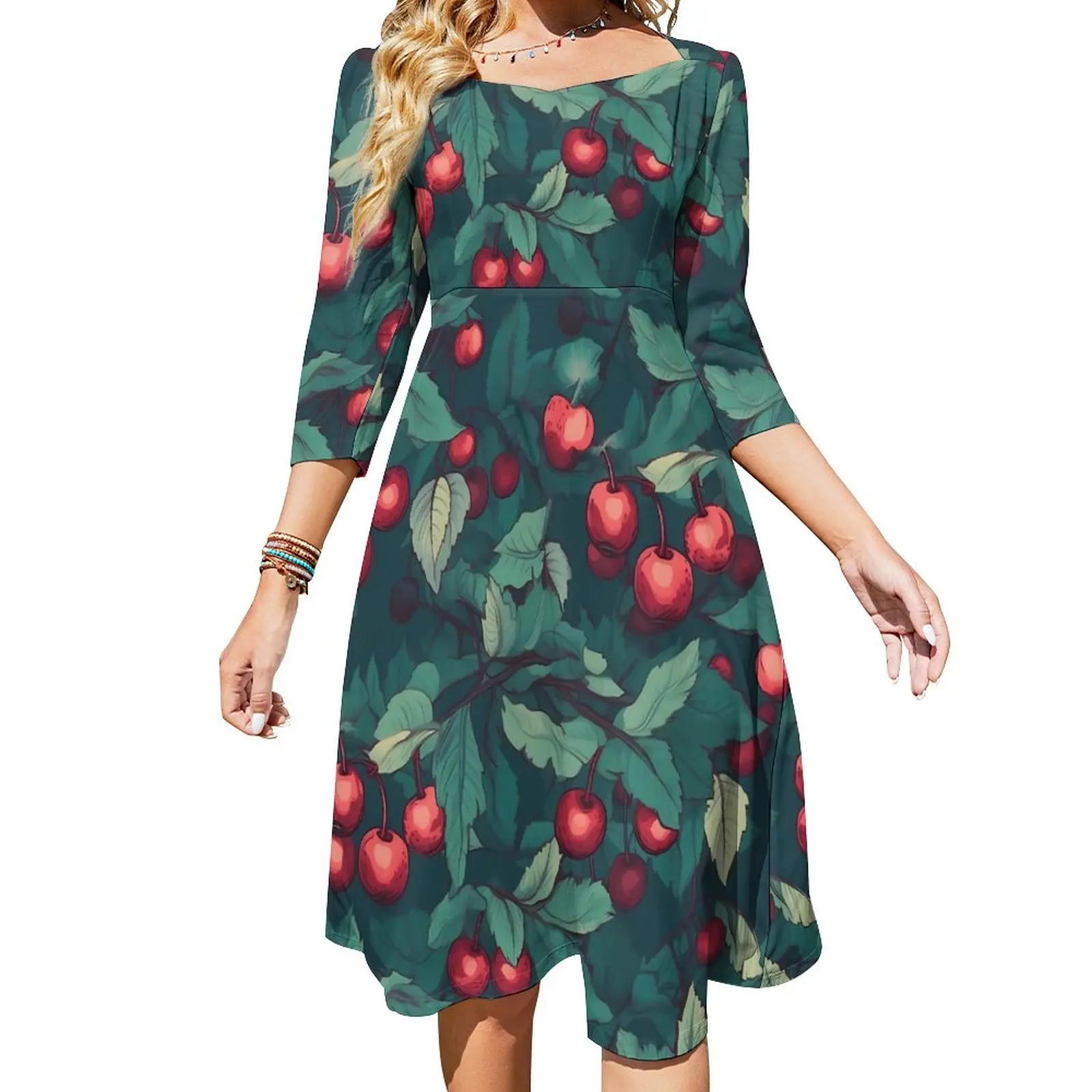 

Cherries Print Casual Dress Women Green Leaves Print Streetwear Dresses Retro Dress With Bow Summer Big Size Vestido