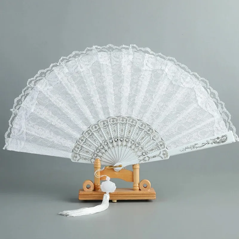 Folding Fan Hand Fan Fashion Wedding White Lace Folding Fan Plastic Wedding Cosplay Party Home Decorative Fan Ancient Bride Hand Decoration