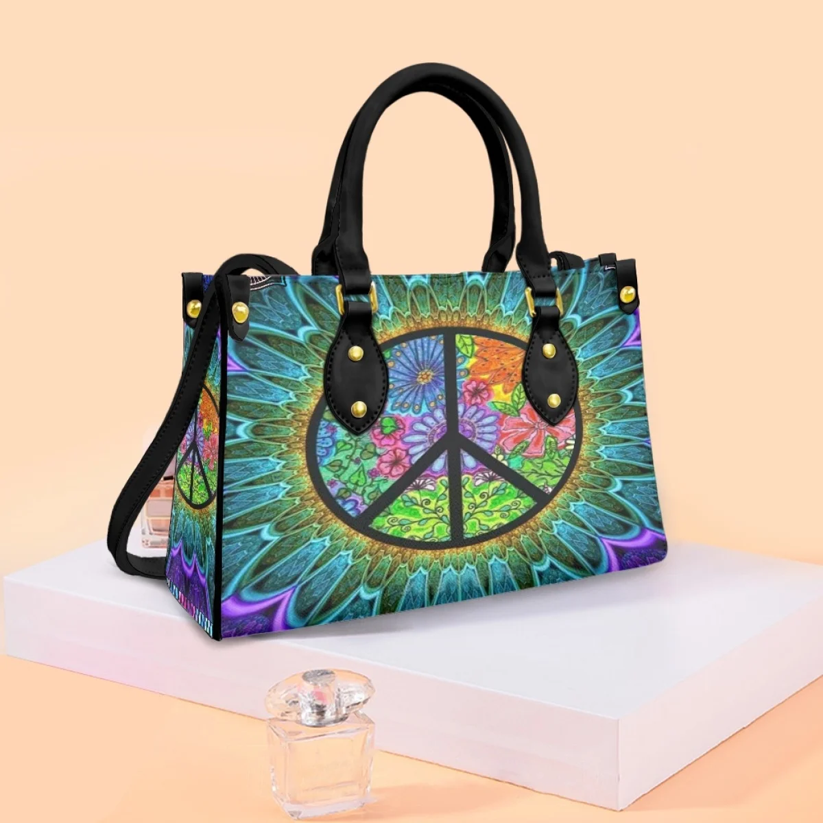 

Индивидуальная кожаная сумка Peace and Love, мандала, цветок, женская модная кожаная сумка для путешествий, шопинга, Новинка